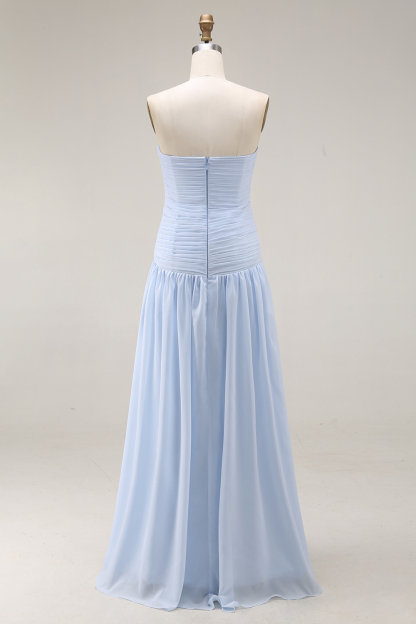Light Blue Formal ​Wedding Bridesmaid Dress Strapless Chiffon Maxi Dress 