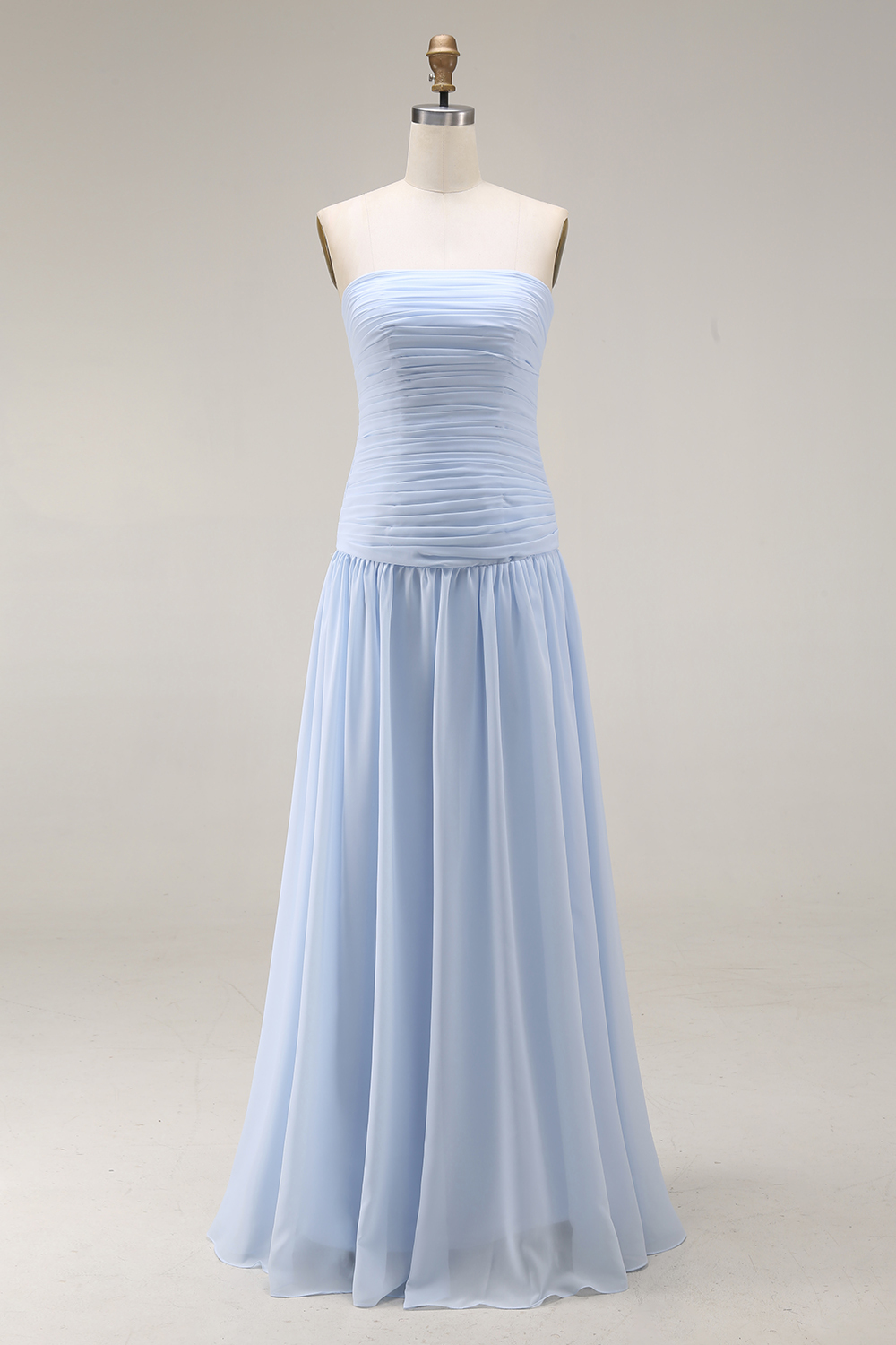 Light Blue Formal ​Wedding Bridesmaid Dress Strapless Chiffon Maxi Dress 