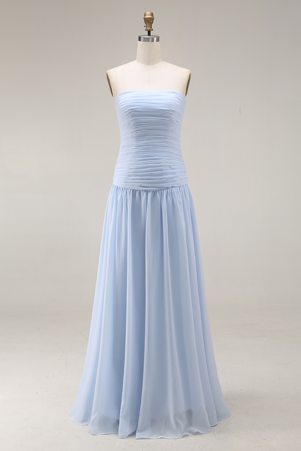 Light Blue Formal ​Wedding Bridesmaid Dress Strapless Chiffon Maxi Dress 
