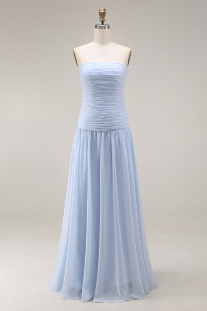 Light Blue Formal ​Wedding Bridesmaid Dress Strapless Chiffon Maxi Dress 