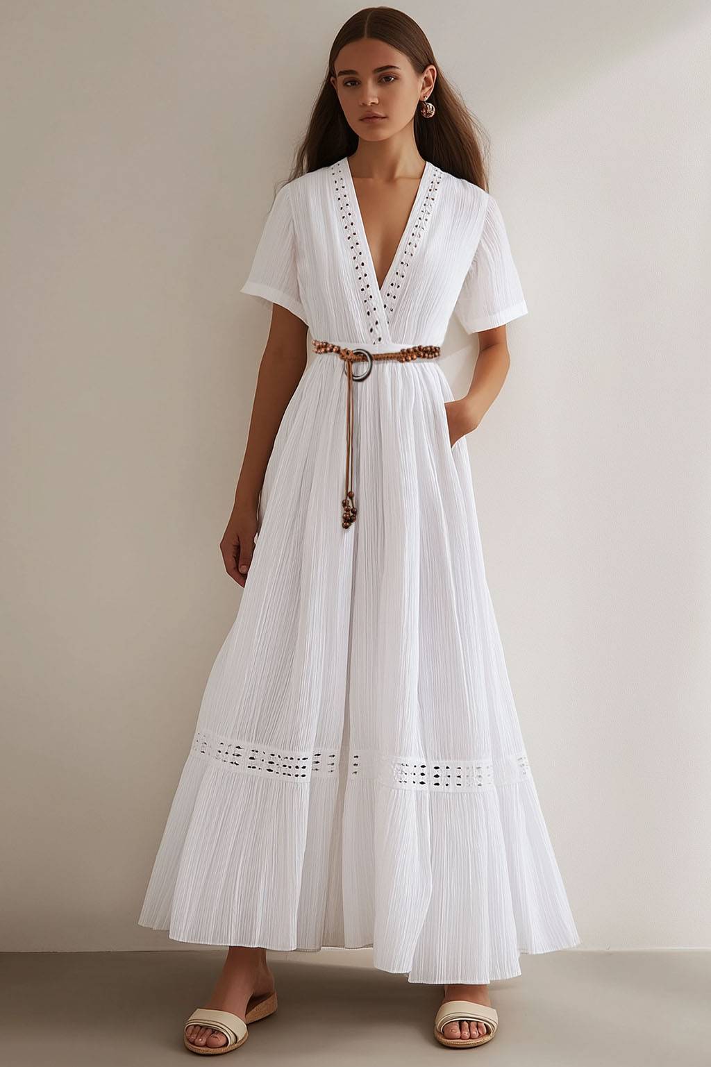 Bohemian Casual Dress White V-neck Belt with Pockets Maxi Dress