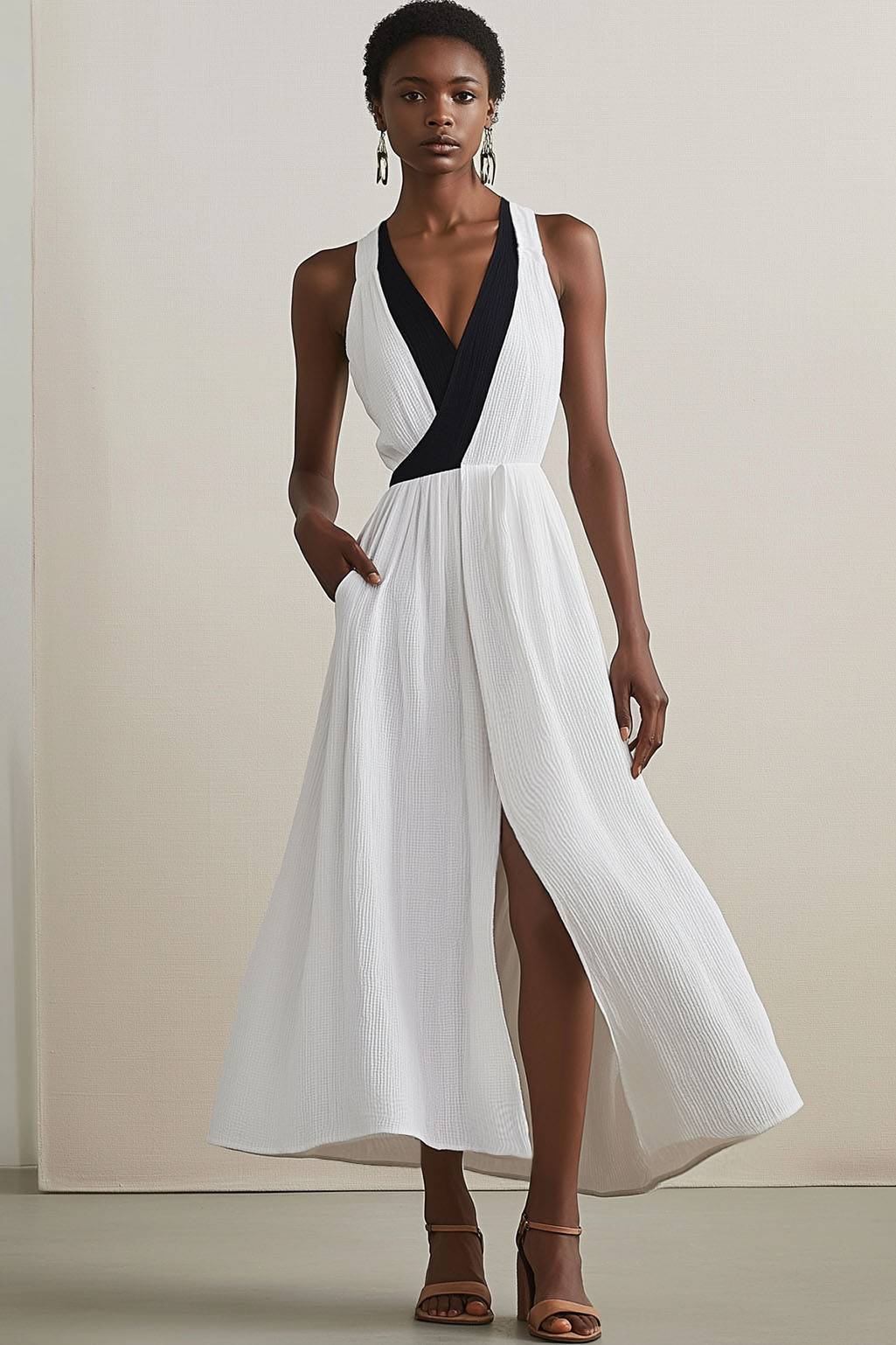 Bohemian Casual Dress Colorblock Sleeveless Linen with Pockets Slit Maxi Dress