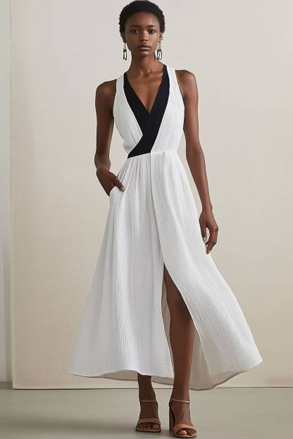 Bohemian Casual Dress Colorblock Sleeveless Linen with Pockets Slit Maxi Dress