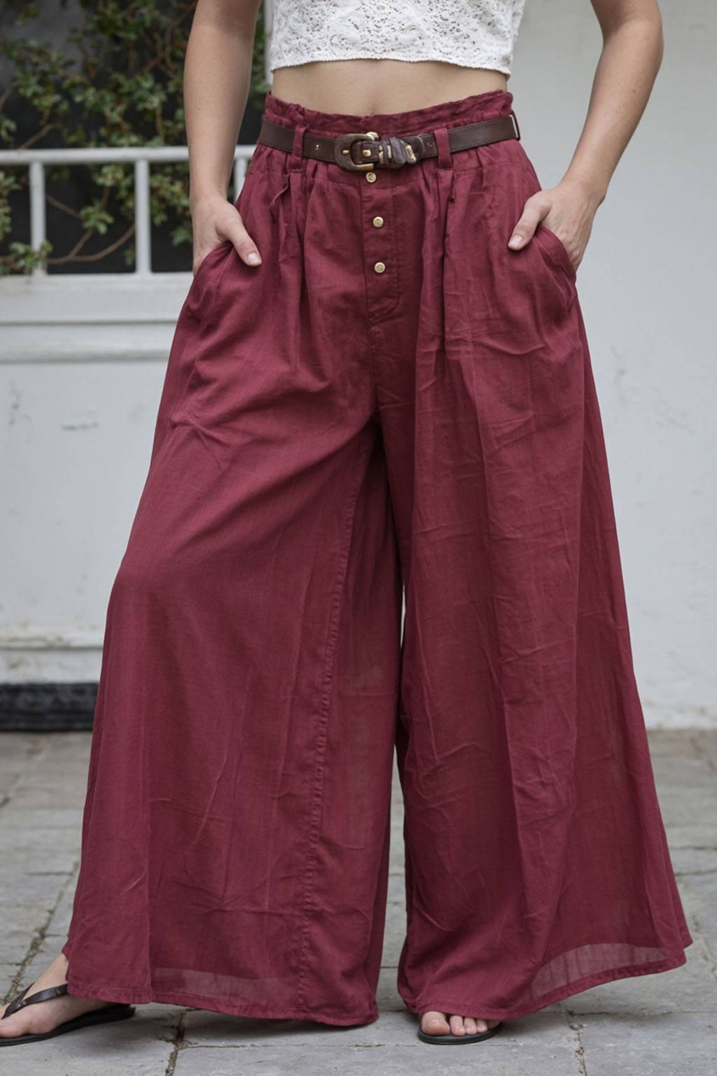 Casual Daily Pants Burgundy Loose-Fit Pocketed Wide-Leg Pants