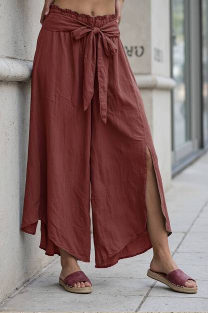 Casual Linen Pants Light Burgundy Elastic Waist Drawstring Slit Wide-Leg Pants