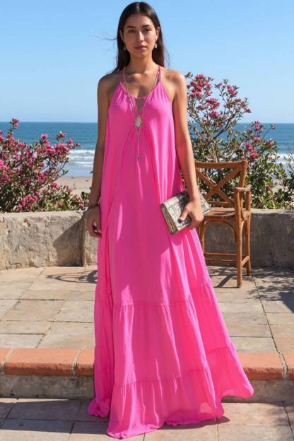 Bohemian Vacation Dress Pink Halter Neck Sleeveless Floor-Length Dress
