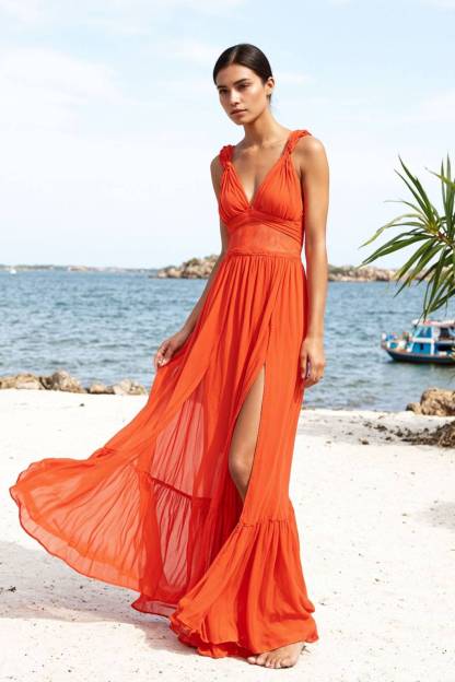 Bohemian Vacation Spaghetti Strap Dress Orange V-Neck Side Slit Maxi Dress