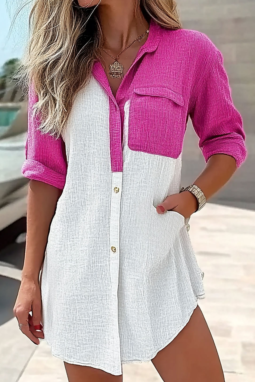 Daily Casual Top Pink White Colorblock Lapel Button-Up Shirt
