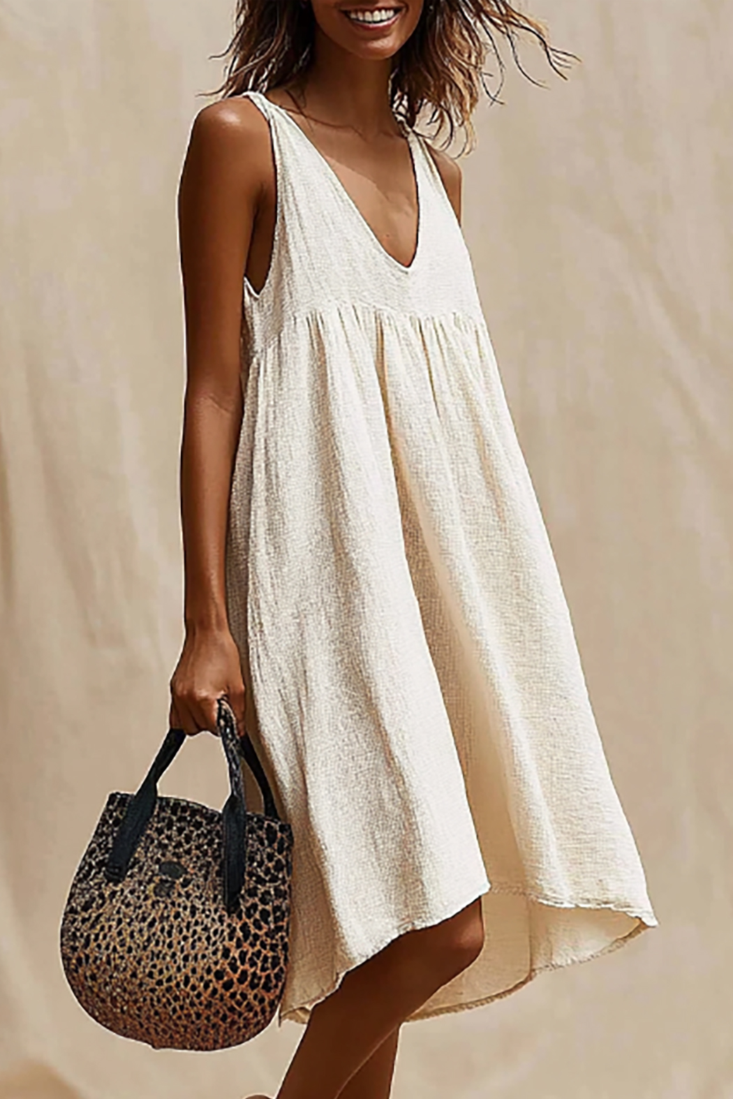 Vacation Dress Beige V-Neck Sleeveless Loose Knee-Length Dress