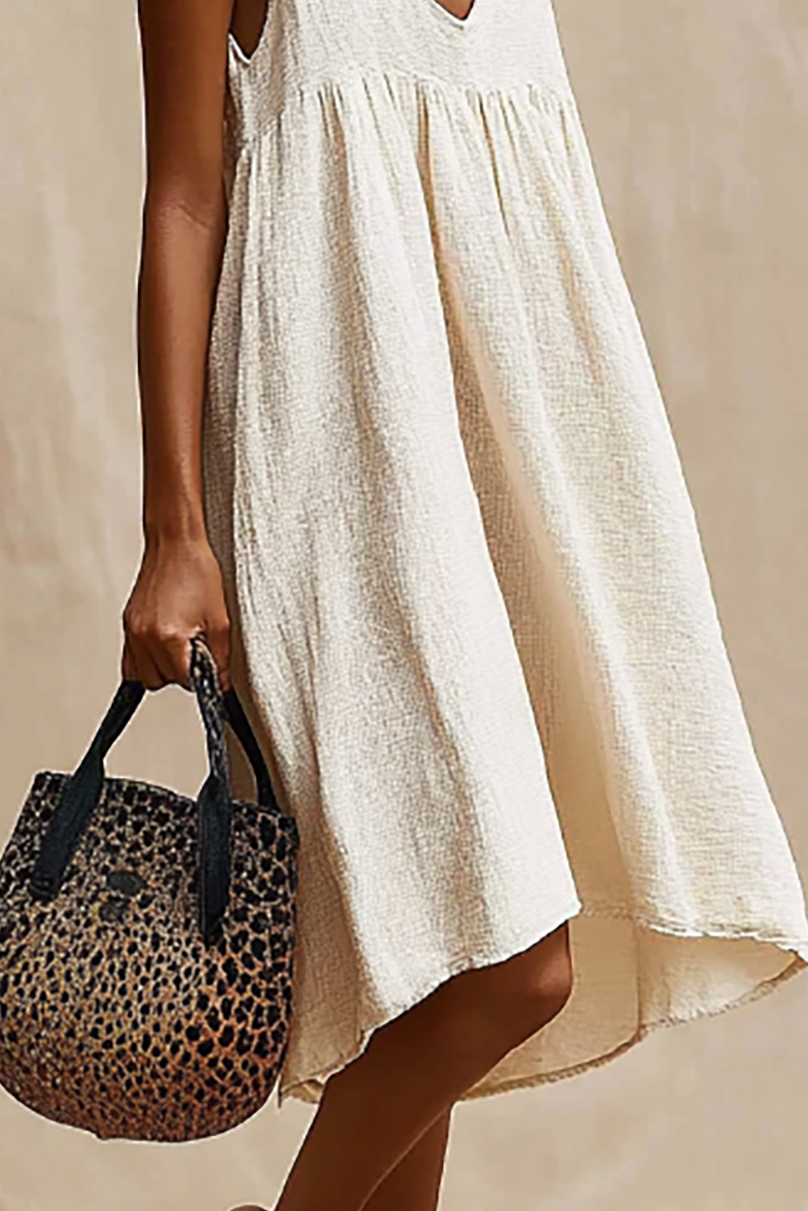 Vacation Dress Beige V-Neck Sleeveless Loose Knee-Length Dress