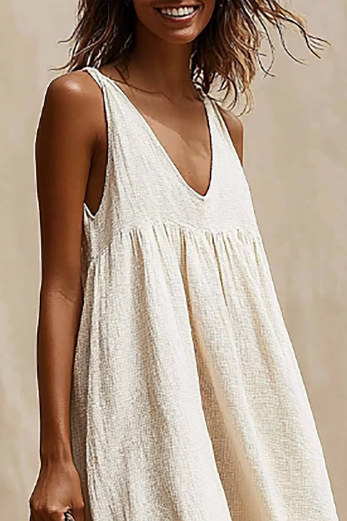 Vacation Dress Beige V-Neck Sleeveless Loose Knee-Length Dress