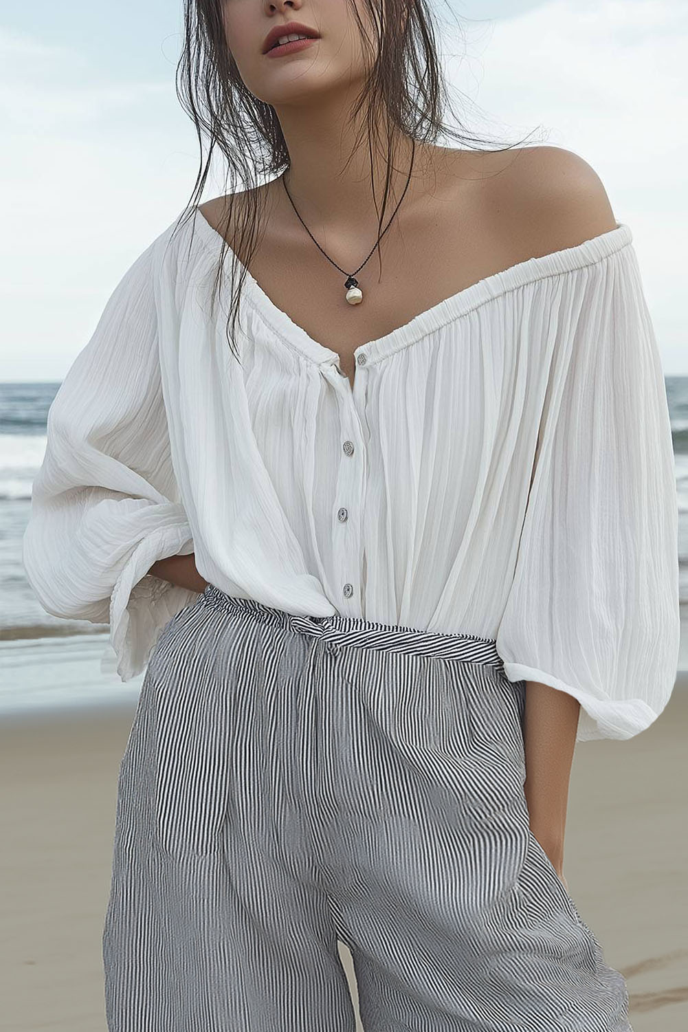 Casual Daily Top White Button-Up Off-Shoulder Loose Shirt