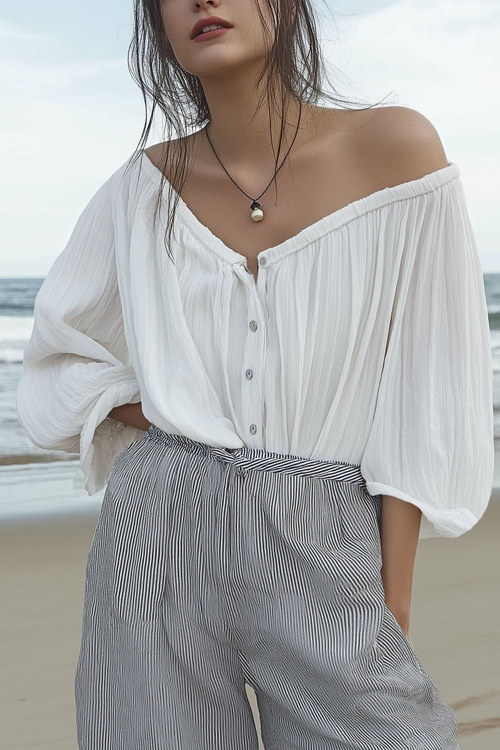 Casual Daily Top White Button-Up Off-Shoulder Loose Shirt