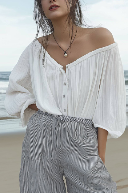 Casual Daily Top White Button-Up Off-Shoulder Loose Shirt
