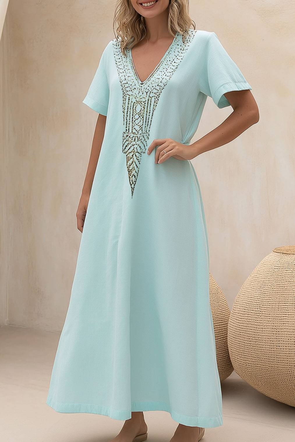 Bohemian Vacation Dress Light Green V-Neck Loose Maxi Dress
