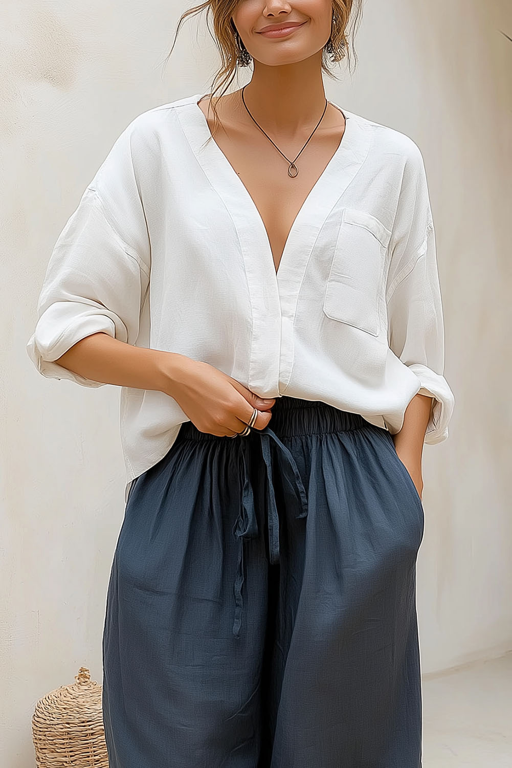 Casual Daily Shirt White V-Neck Long Sleeve Shirt
