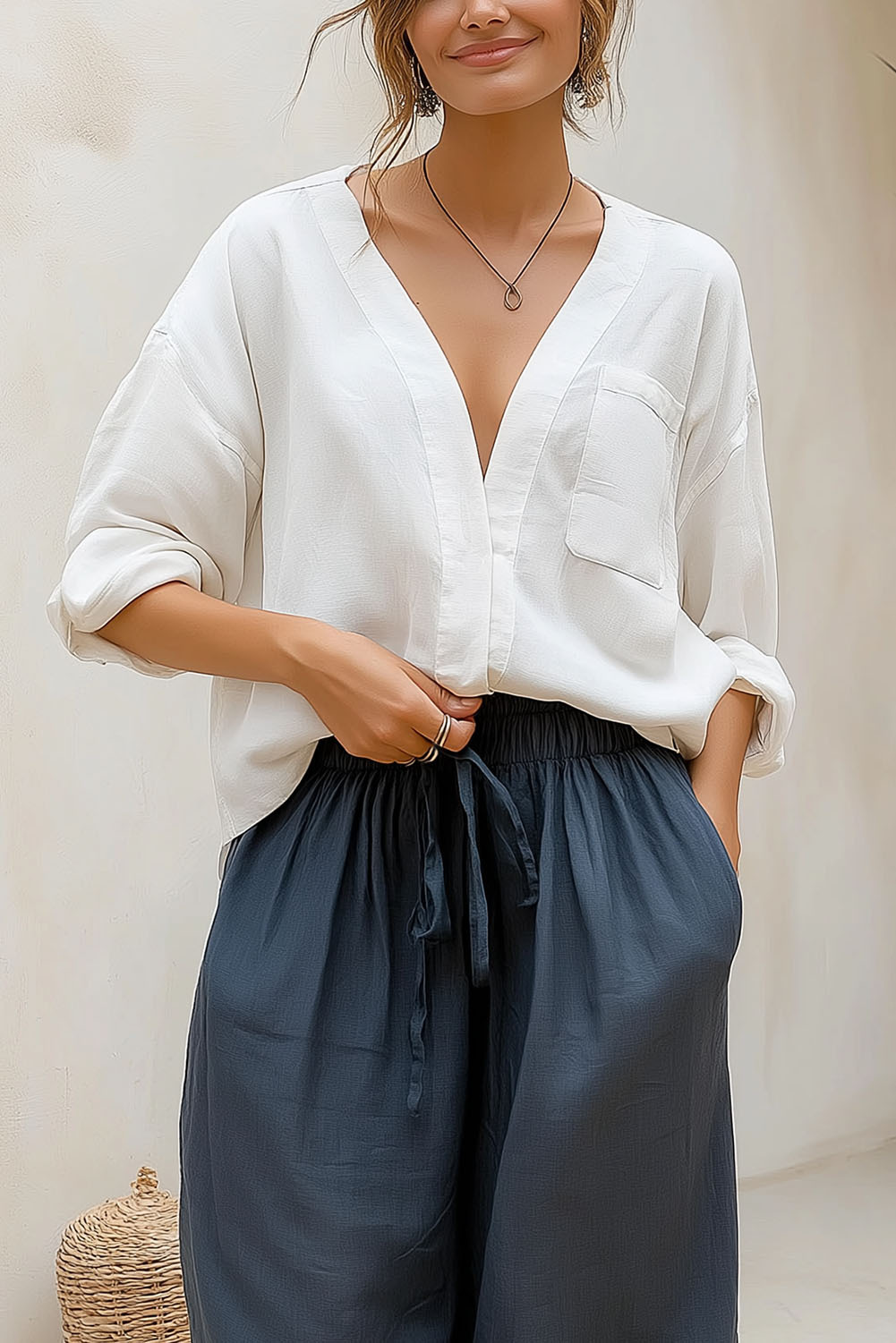 Casual Daily Shirt White V-Neck Long Sleeve Shirt