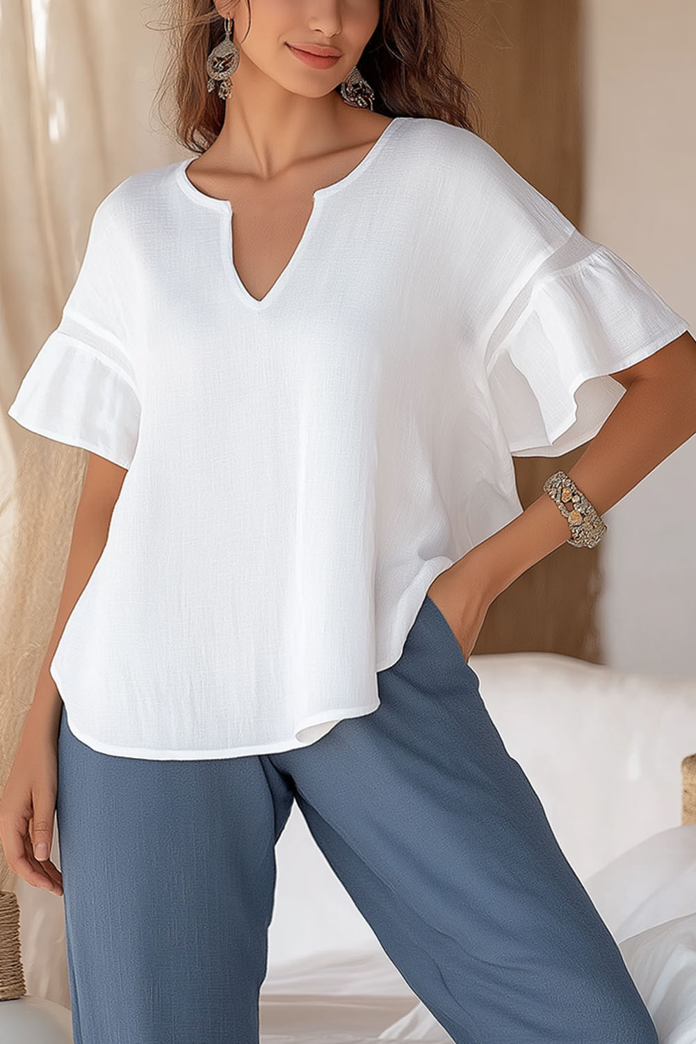 Casual Linen Top White V-Neck Ruffle Sleeve Top