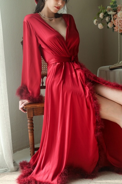 Bridesmaid Pajama Robe Champagne V Neck Satin Feather Robes Gown