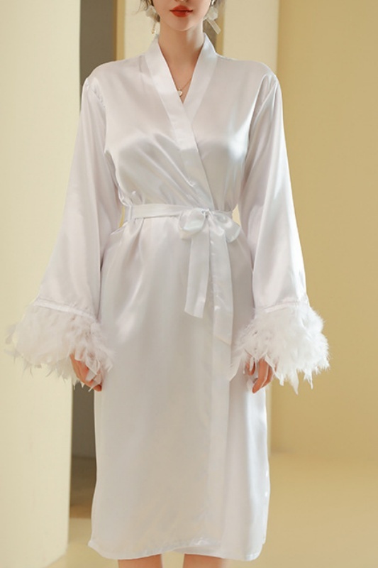Bridesmaid Pajama Robe White V Neck Satin Feather Robes Gown