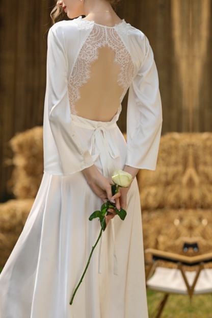 Bridal Pajama Robe White V Neck Lace Robes Gown