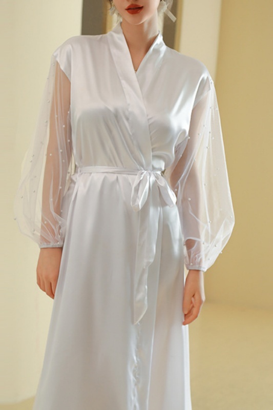 Bridesmaid Pajama Robe White V Neck Satin Mesh Robes Gown