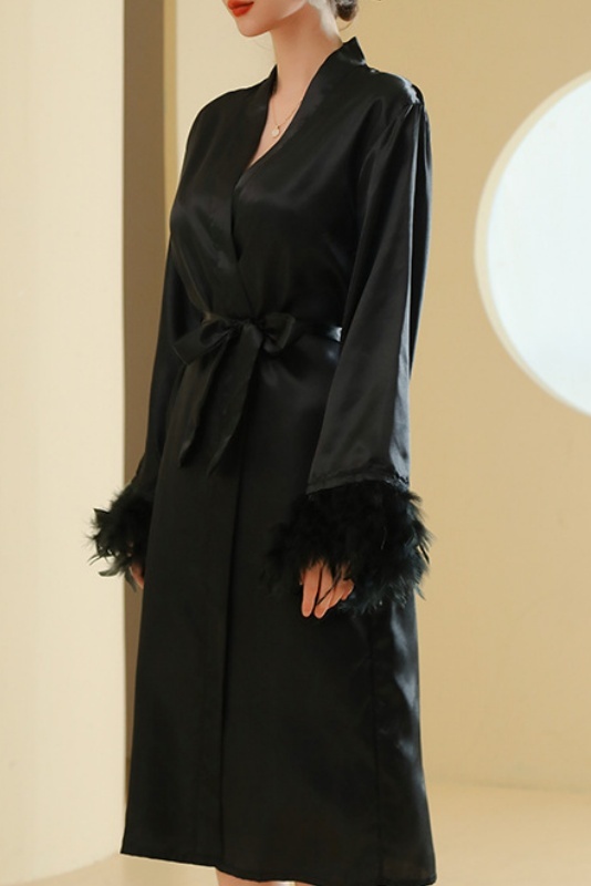 Bridesmaid Pajama Robe White V Neck Satin Feather Robes Gown