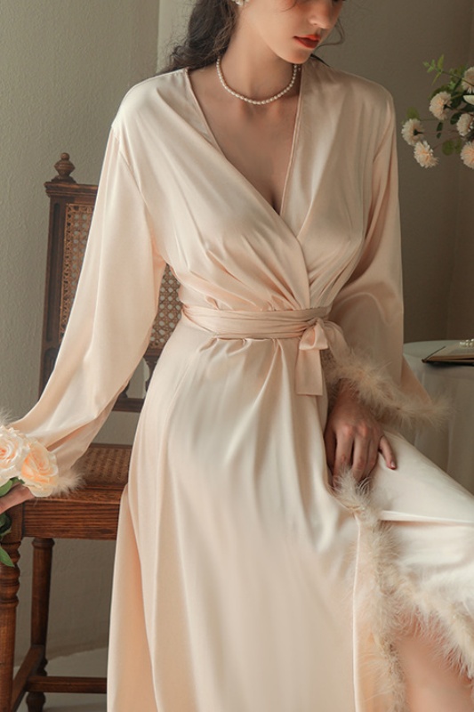 Bridesmaid Pajama Robe Champagne V Neck Satin Feather Robes Gown