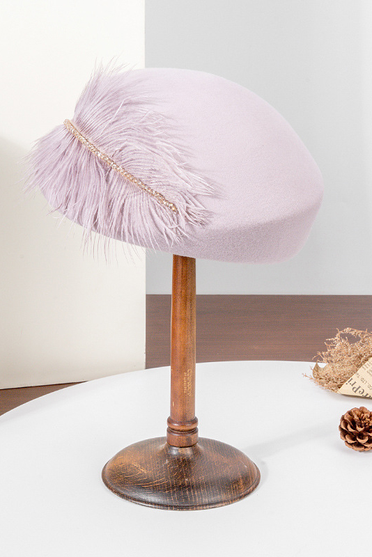 Classic Wool Beret Feather Hats for Women 