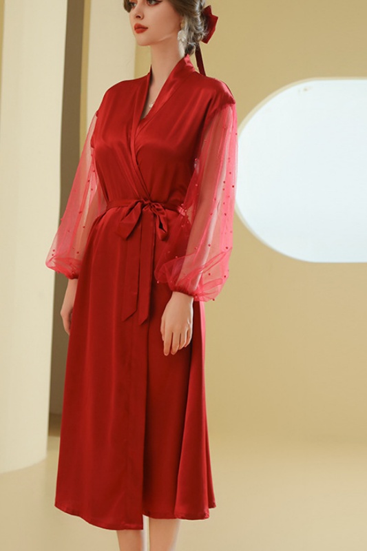 Bridesmaid Pajama Robe White V Neck Satin Mesh Robes Gown