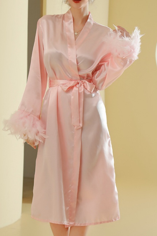 Bridesmaid Pajama Robe White V Neck Satin Feather Robes Gown
