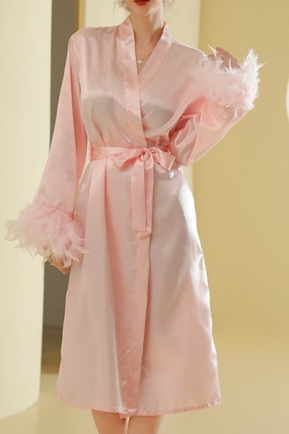 Bridesmaid Pajama Robe White V Neck Satin Feather Robes Gown