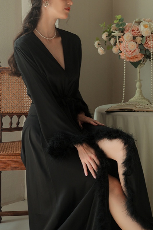 Bridesmaid Pajama Robe Champagne V Neck Satin Feather Robes Gown