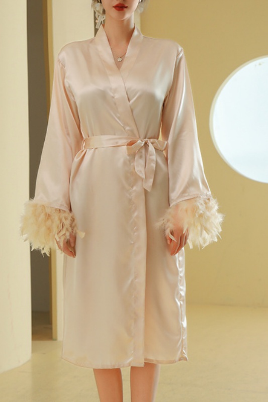 Bridesmaid Pajama Robe White V Neck Satin Feather Robes Gown