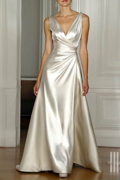 Evening Prom Satin Dress Off-White Sleeveless V-Neck Floor-Length Dress
