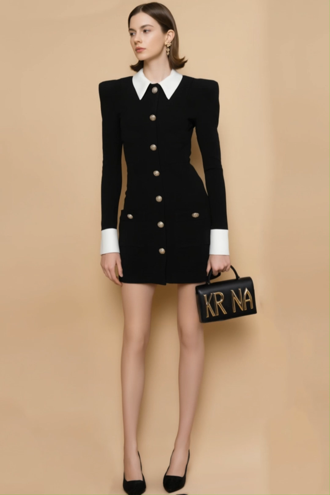 Work Blazer Dress​ Black White Collared Mini Sheath Dress