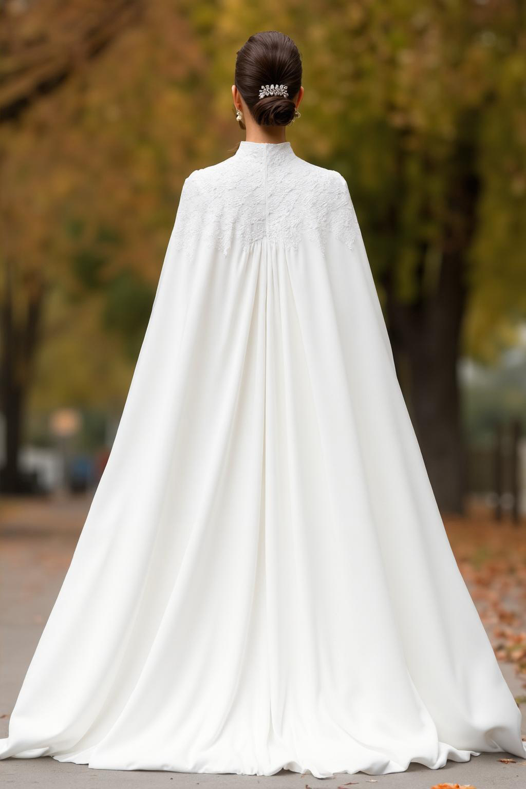 Wedding Dress White Stand Collar Cape Knee-Length Lace Dress