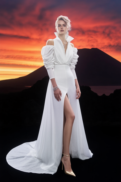 Formal Evening Dress White V Neck Slit Maxi Dress