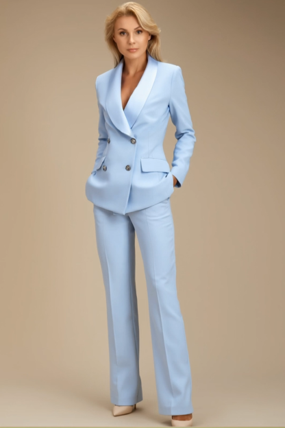 Work Formal Pants Suit Light Blue Pocketed Straight-Leg Blazer Set