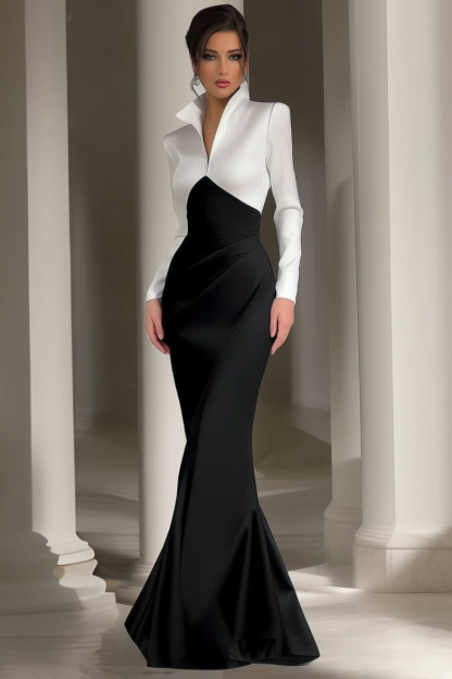 Formal Evening Dress Black White Shirt Collar Maxi Dress