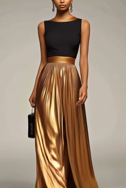 Evening Formal Dress Black Gold Round Neck Sleeveless Pleated Maxi Dress