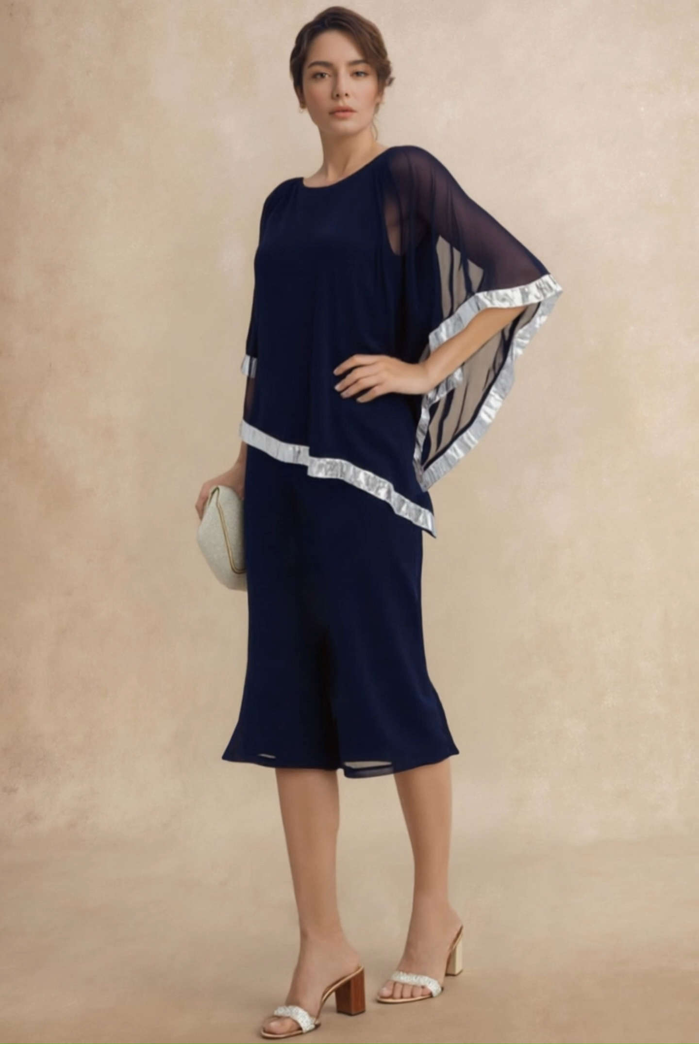 Navy Chiffon Skirt Set with Crew Neck Top for Mother of the Bride