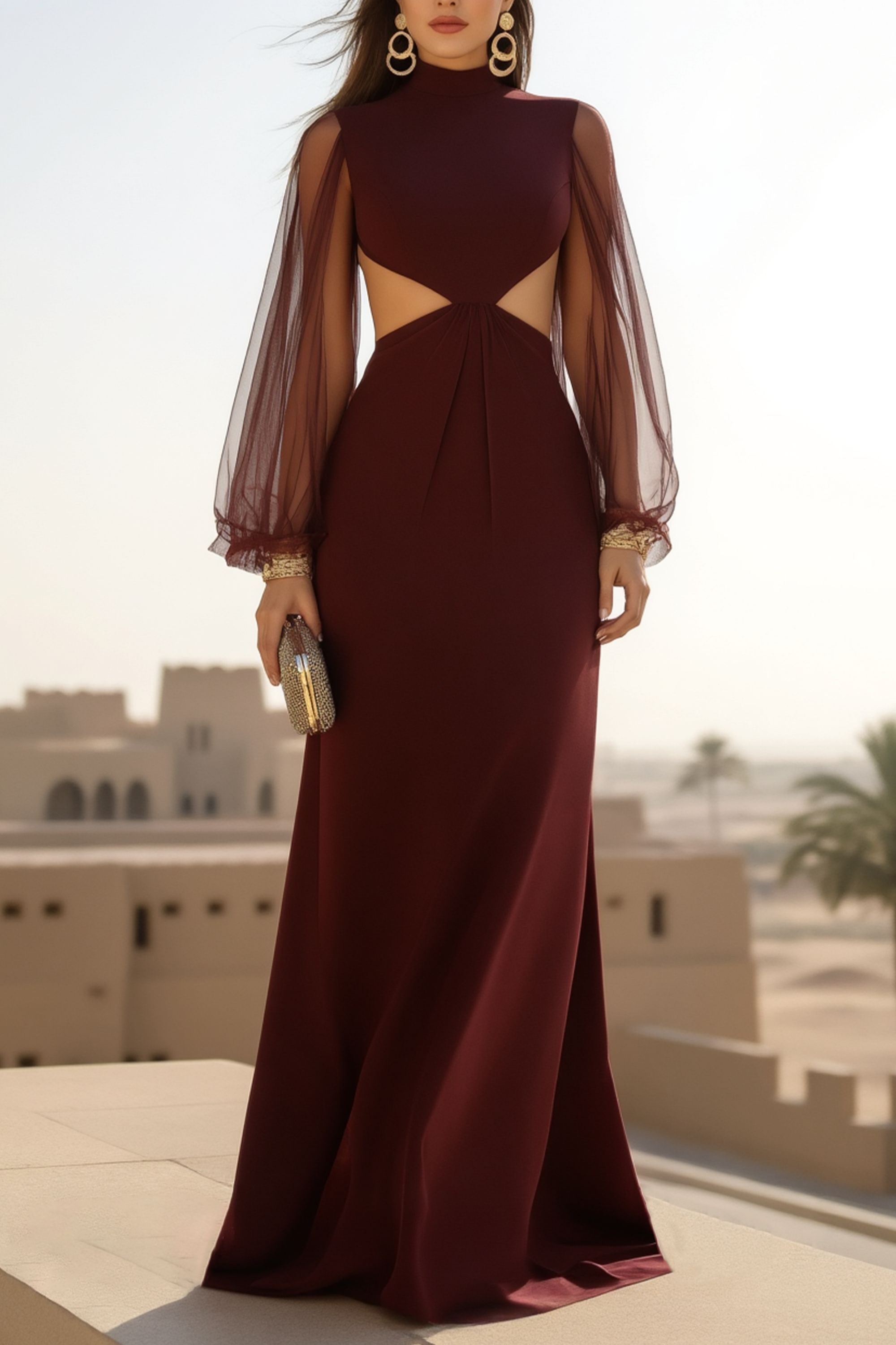 Formal Evening Mesh Dress Burgundy Ombre Floor-Length Gown