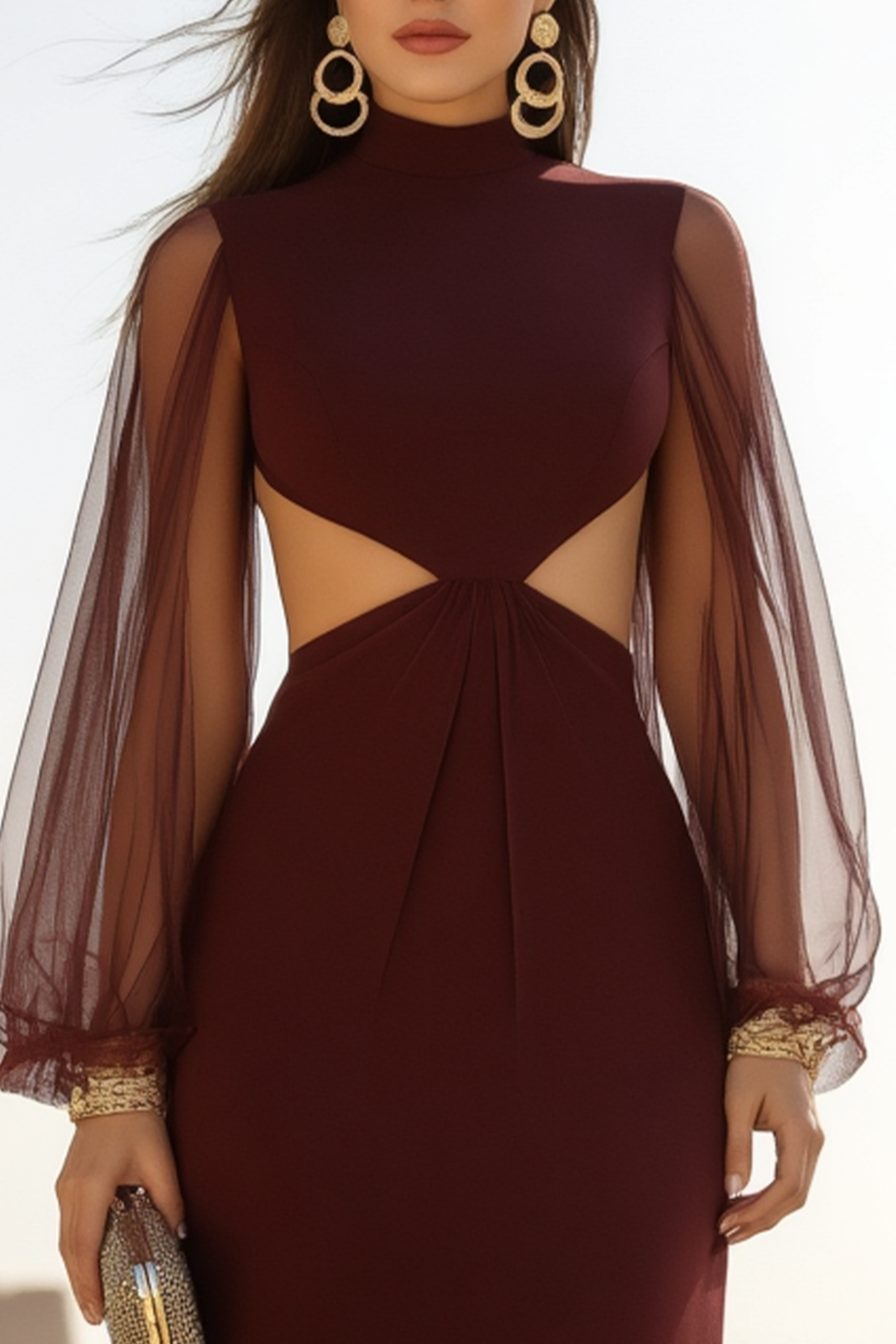 Formal Evening Mesh Dress Burgundy Ombre Floor-Length Gown