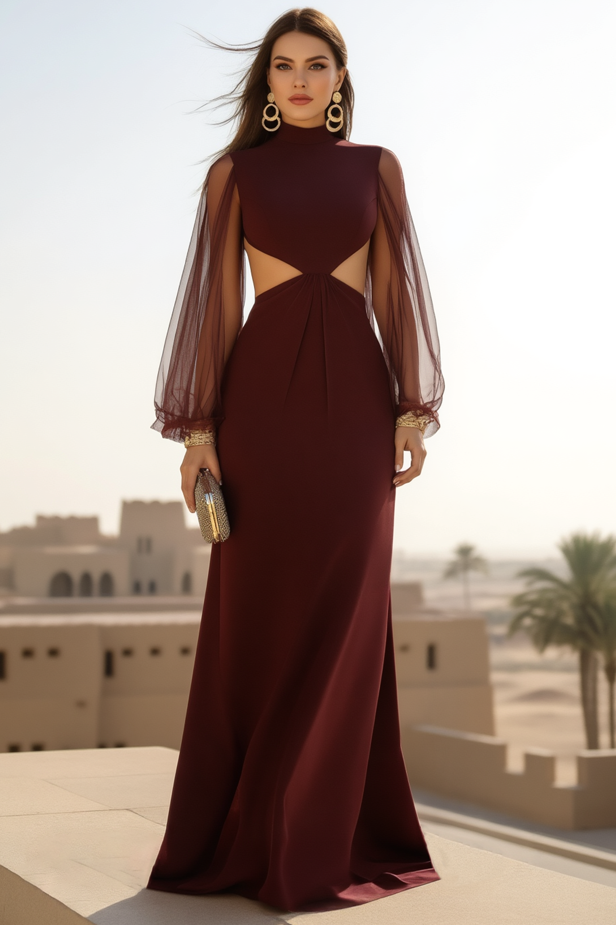 Formal Evening Mesh Dress Burgundy Ombre Floor-Length Gown