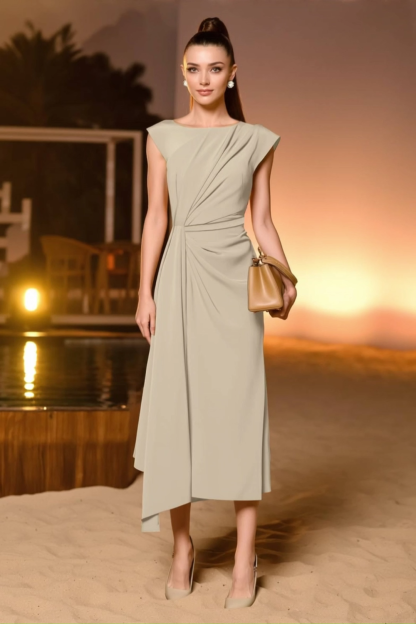 Work Dress​ Khaki Crew Neck Midi Dress