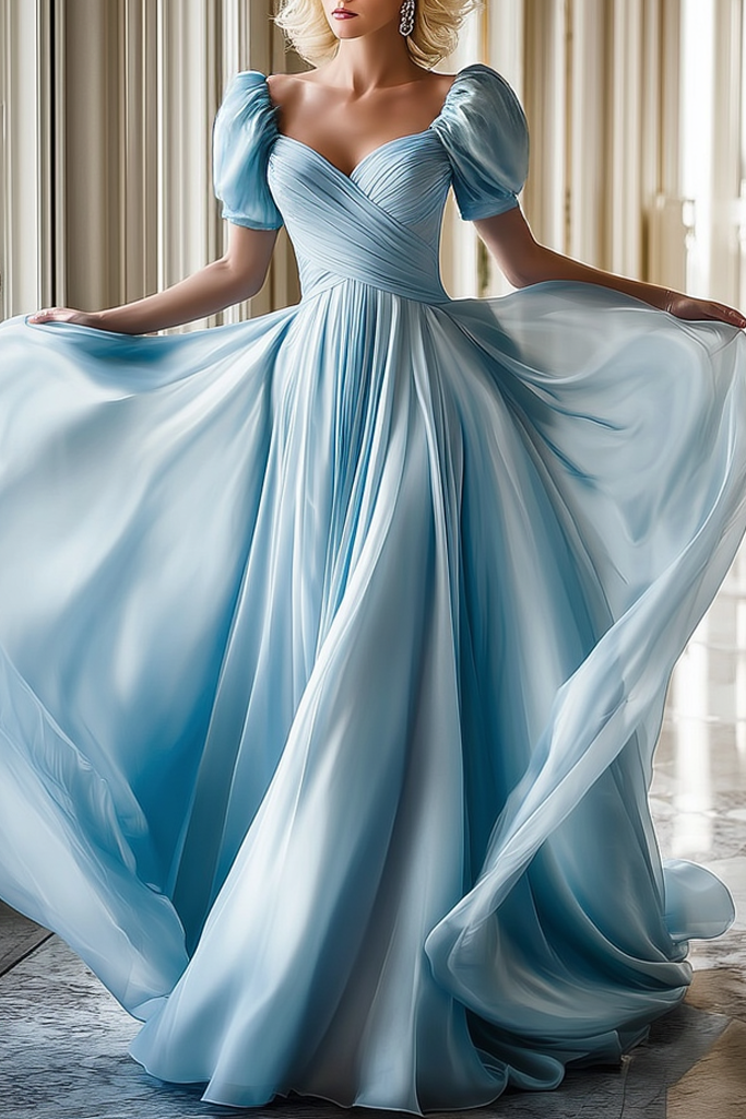 Formal ​Evening Dress Blue Square Neck Ruched Maxi Swing Dress