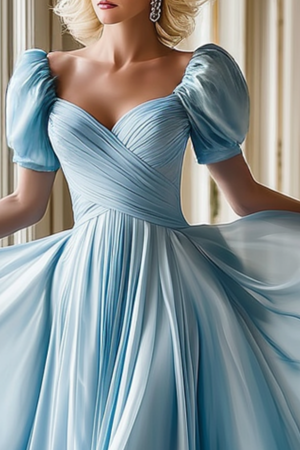 Formal ​Evening Dress Blue Square Neck Ruched Maxi Swing Dress