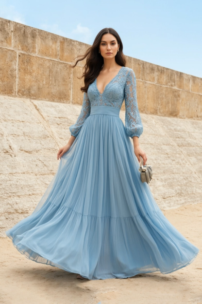 Evening Swing Dress Blue V Neck Lace Maxi Dress