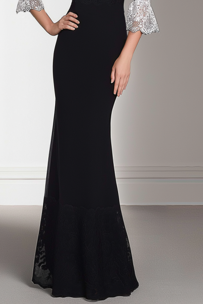 Formal Evening Dress Black Boat Neck Lace Maxi Dress